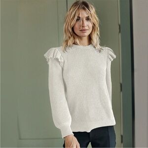 SUMMERSALT Ruffle Shoulder Ribbed Knit Sweater Size‎ S White 100% Organic Cotton